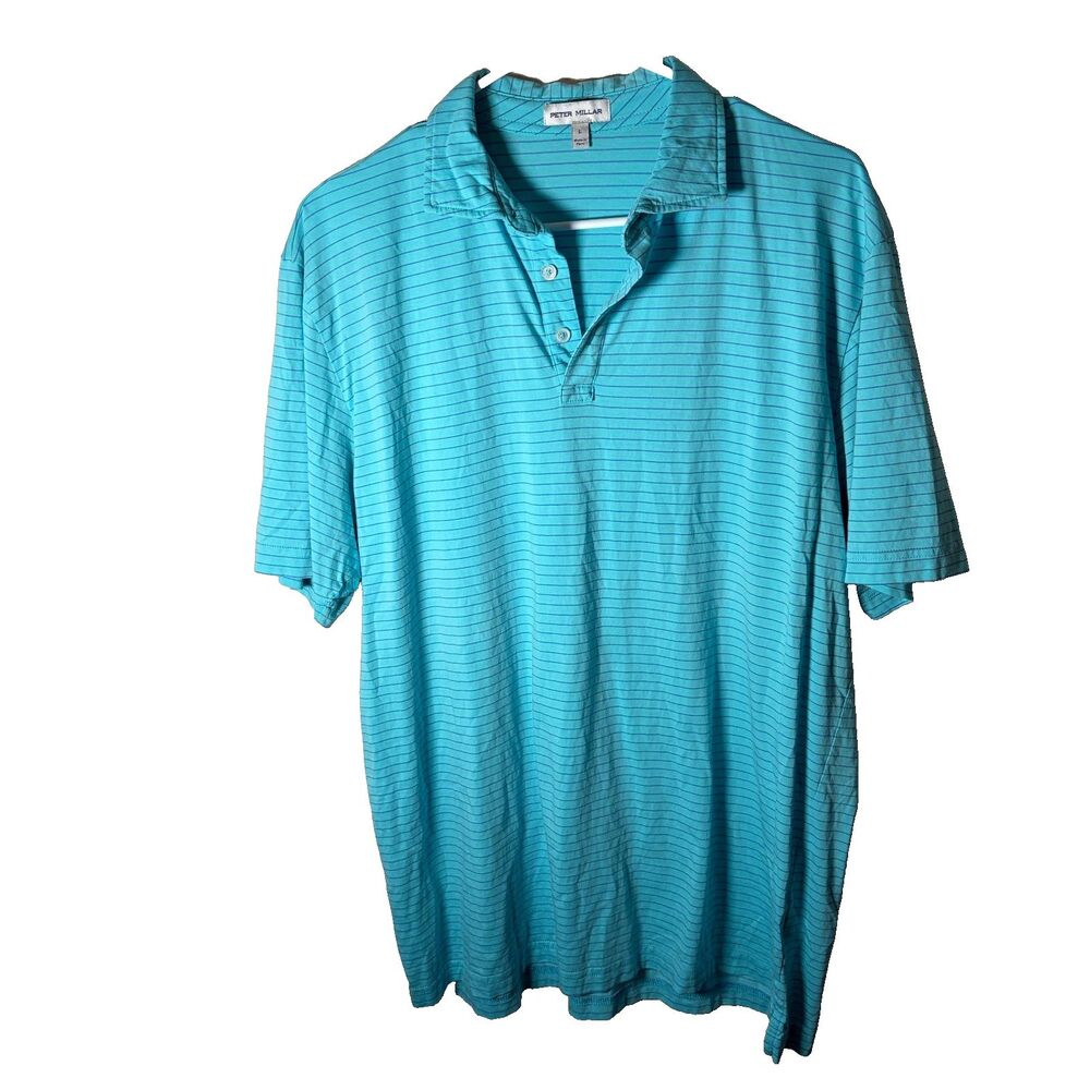 Peter Millar Polo Shirt Men's Large Blue Striped Short Sleeve Athletic Active